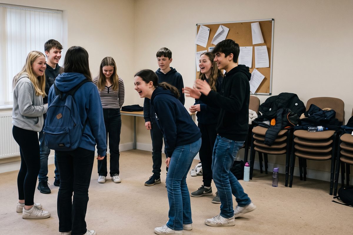 Teenagers standing in a circle laughing during an improv game